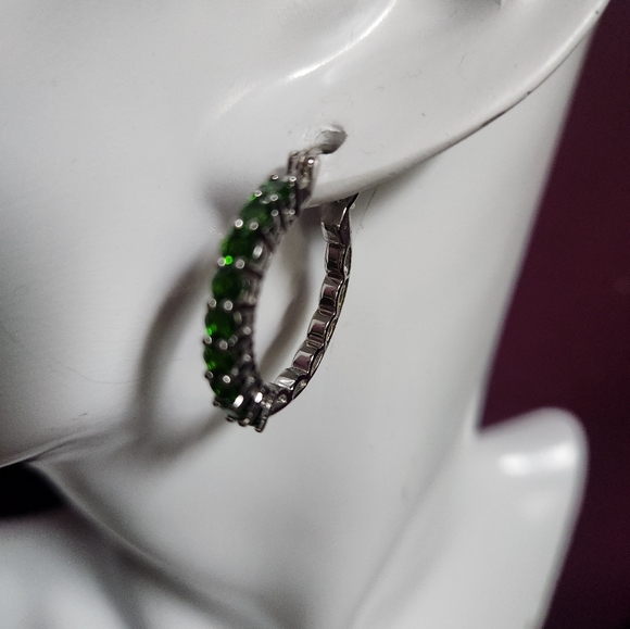 Sterling Silver Green Stone Hoop Earrings - Picture 2 of 7